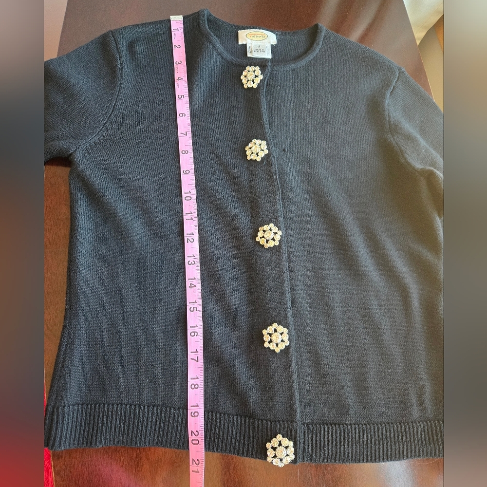 Talbots Black 100% Merino Wool Cardigan with Rhinestone Crystal Buttons - S - Picture 7 of 7